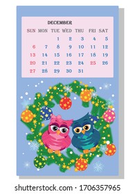 Calendar 2021. Cute calendar with funny cartoon owls, December