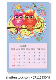 Calendar 2021. Cute calendar with funny cartoon owls, March