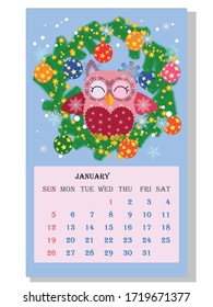 Calendar 2021. Cute calendar with funny cartoon owls, January