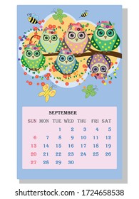 Calendar 2021. Cute calendar with funny cartoon owls, September