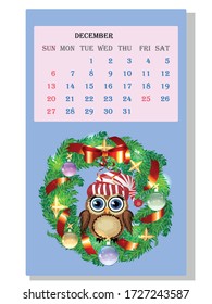 Calendar 2021. Cute calendar with funny cartoon owls, December