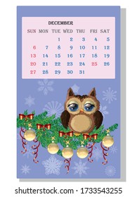 Calendar 2021. Cute calendar with funny cartoon owls, December