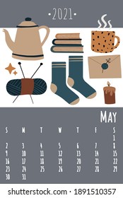 Calendar 2021. Cute hygge elements calendar 2021. Trendy calendar in Scandinavian style. Vector template. Danish lifestyle.