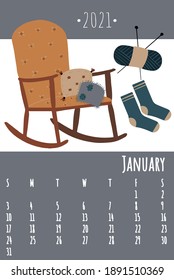 Calendar 2021. Cute hygge elements calendar 2021. Trendy calendar in Scandinavian style. Vector template. Danish lifestyle.