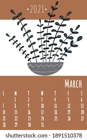 Calendar 2021. Cute hygge elements calendar 2021. Trendy calendar in Scandinavian style. Vector template. Danish lifestyle.