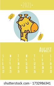 Calendar 2021. Cute calendar 2021 for kids. Can be used at school or children’s bedrooms. Zoo and animals concept calendar. Vector template.