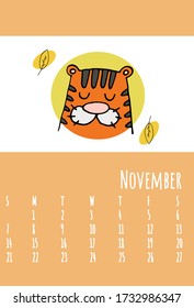 Calendar 2021. Cute calendar 2021 for kids. Can be used at school or children’s bedrooms. Zoo and animals concept calendar. Vector template.