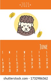 Calendar 2021. Cute calendar 2021 for kids. Can be used at school or children’s bedrooms. Zoo and animals concept calendar. Vector template.