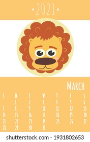 Calendar 2021. Cute calendar 2021 for kids. Can be used at school or children’s bedrooms. Zoo and animals concept calendar. Vector template.