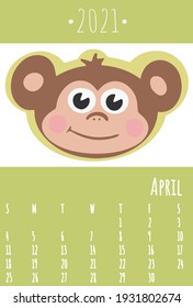 Calendar 2021. Cute calendar 2021 for kids. Can be used at school or children’s bedrooms. Zoo and animals concept calendar. Vector template.