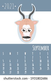 Calendar 2021. Cute calendar 2021 for kids. Can be used at school or children’s bedrooms. Zoo and animals concept calendar. Vector template.