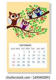 Calendar 2021. Cute owls and birds for September.