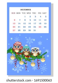 Calendar 2021. Cute owls and birds for month December
