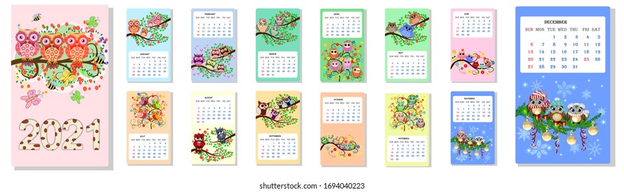 Calendar 2021. Cute owls and birds for every month