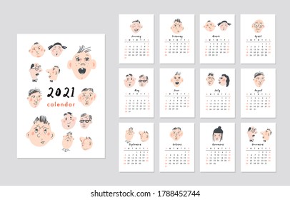 Calendar 2021. Cute printable creative template with funny faces. Vector