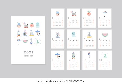 Calendario 2021. Plantilla creativa imprimible con elementos divertidos. Vector