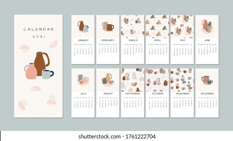 Calendario 2021. Plantilla creativa impresa con elementos de platos de cerámica, jarras, tazas.