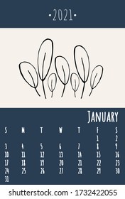 Calendar 2021. Cute calendar 2021. Trendy calendar in Scandinavian style. Vector template.