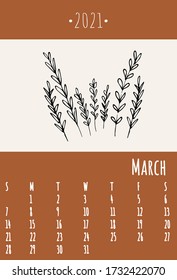 Calendar 2021. Cute calendar 2021. Trendy calendar in Scandinavian style. Vector template.