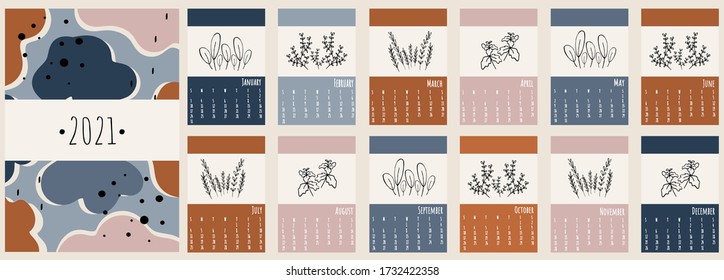 Calendar 2021. Cute calendar 2021. Trendy calendar in Scandinavian style. Vector template.