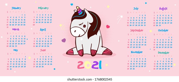 Calendar 2021. Cute unicorn with closed eyes dreams on a pink background 