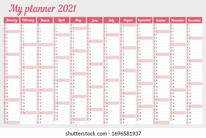 Calendar 2021, daily event planner, vector color illustration