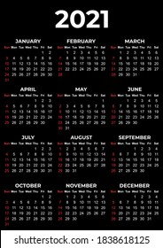 Calendar for 2021 dark background for simple style.