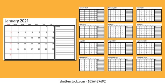 Calendar 2021, days start on Sunday. Corporate design planner template. Holidays only on Sundays no other holidays.