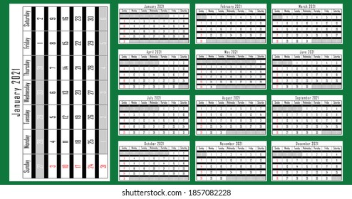 Calendar 2021, days start on Sunday. Corporate design planner template. Holidays only on Sundays no other holidays.