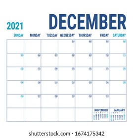 Calendar 2021. December. English calender template. Vector square grid. Office business planning. Creative design. Blue color