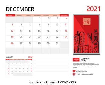 Calendar 2021 design, December month template, desk calendar 2021 layout, simple and clean design, advertisement, printing, Business template vector eps10, Red background