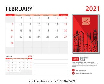 Calendar 2021 design, February month template, desk calendar 2021 layout, simple and clean design, advertisement, printing, Business template vector eps10, Red background