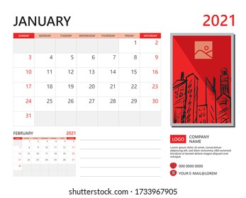 Calendar 2021 design, January month template, desk calendar 2021 layout, simple and clean design, advertisement, printing, Business template vector eps10, Red background