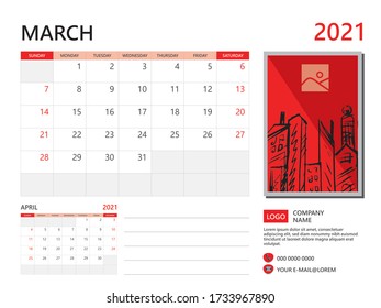 Calendar 2021 design, March month template, desk calendar 2021 layout, simple and clean design, advertisement, printing, Business template vector eps10, Red background