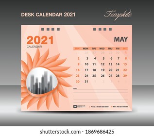 Calendar 2021 design, May Month template, Desk Calendar Template vector design, orange flower concept, creative idea, advertisement, business flyer, polygon background