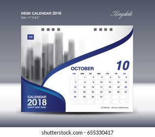 Calendar 2021 design, october, Desk Calendar 2018 Template flyer design vector, blue background