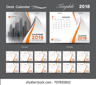 Calendar 2021 design vector illustration, Set Desk Calendar 2018 template design, wall calendar layout, Orange cover design, Set of 12 Months, Week start Sunday
