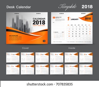 Calendar 2021 design vector illustration, Set Desk Calendar 2018 template design, wall calendar layout, Orange cover design, Set of 12 Months, Week start Sunday