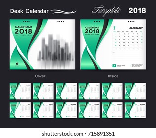 Calendar 2021 design vector illustration, Set Desk Calendar 2018 template design, wall calendar layout, Green cover, Set of 12 Months, Week start Sunday