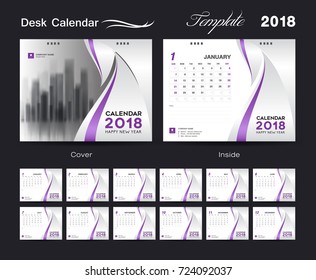 Calendar 2021 design vector illustration, Set Desk Calendar 2018 template design, wall calendar layout, Purple and white cover, Set of 12 Months, Week start Sunday
