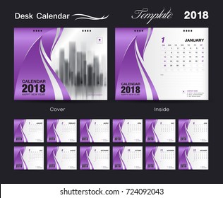 Calendar 2021 design vector illustration, Set Desk Calendar 2018 template design, wall calendar layout, Purple cover, Set of 12 Months, Week start Sunday