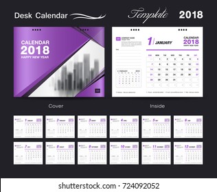 Calendar 2021 design vector illustration, Set Desk Calendar 2018 template design, wall calendar layout, Purple cover, Set of 12 Months, Week start Sunday