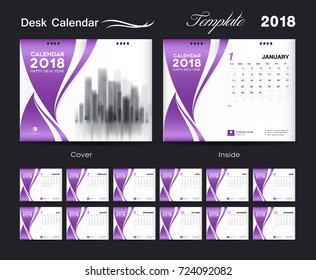 Calendar 2021 design vector illustration, Set Desk Calendar 2018 template design, wall calendar layout, Purple cover, Set of 12 Months, Week start Sunday