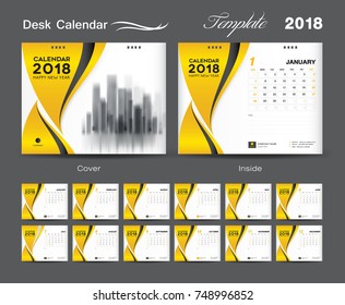 Calendar 2021 design vector illustration, Set Desk Calendar 2018 template design, wall calendar layout, yellow cover design, Set of 12 Months, Week start Sunday
