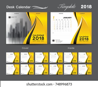 Calendar 2021 design vector illustration, Set Desk Calendar 2018 template design, wall calendar layout, yellow cover design, Set of 12 Months, Week start Sunday