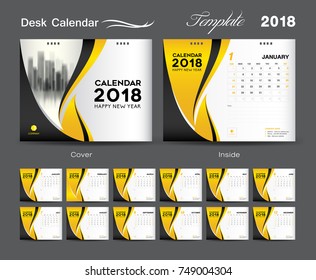 Calendar 2021 design vector illustration, Set Desk Calendar 2018 template design, wall calendar layout, yellow cover design, Set of 12 Months, Week start Sunday