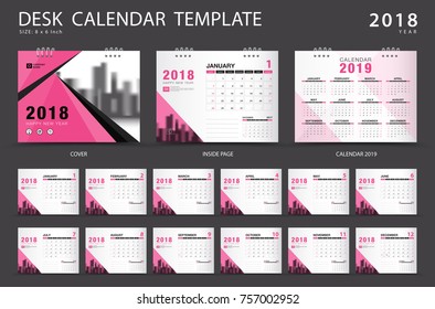 Calendar 2021, Desk calendar 2018 template. Set of 12 Months. Planner. Week starts on Sunday. Stationery design. advertisement. Vector layout. pink cover. business brochure flyer. 