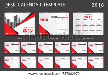 Calendar 2021, Desk calendar 2018 template. Set of 12 Months. Planner. Week starts on Sunday. Stationery design. advertisement. Vector layout. red cover. business brochure flyer. 