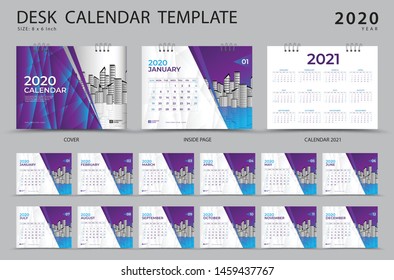 Calendar 2021, Desk calendar template 2020 , Set of 12 Months, Planner, Week starts on Sunday, Stationery design, advertisement, Vector layout, Purple cover design, business brochure flyer