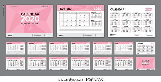 Calendar 2021, Desk calendar template 2020,  Set of 12 Months, Planner, Week starts on Sunday, Stationery design, advertisement, Vector layout, pink cover design, business brochure flyer